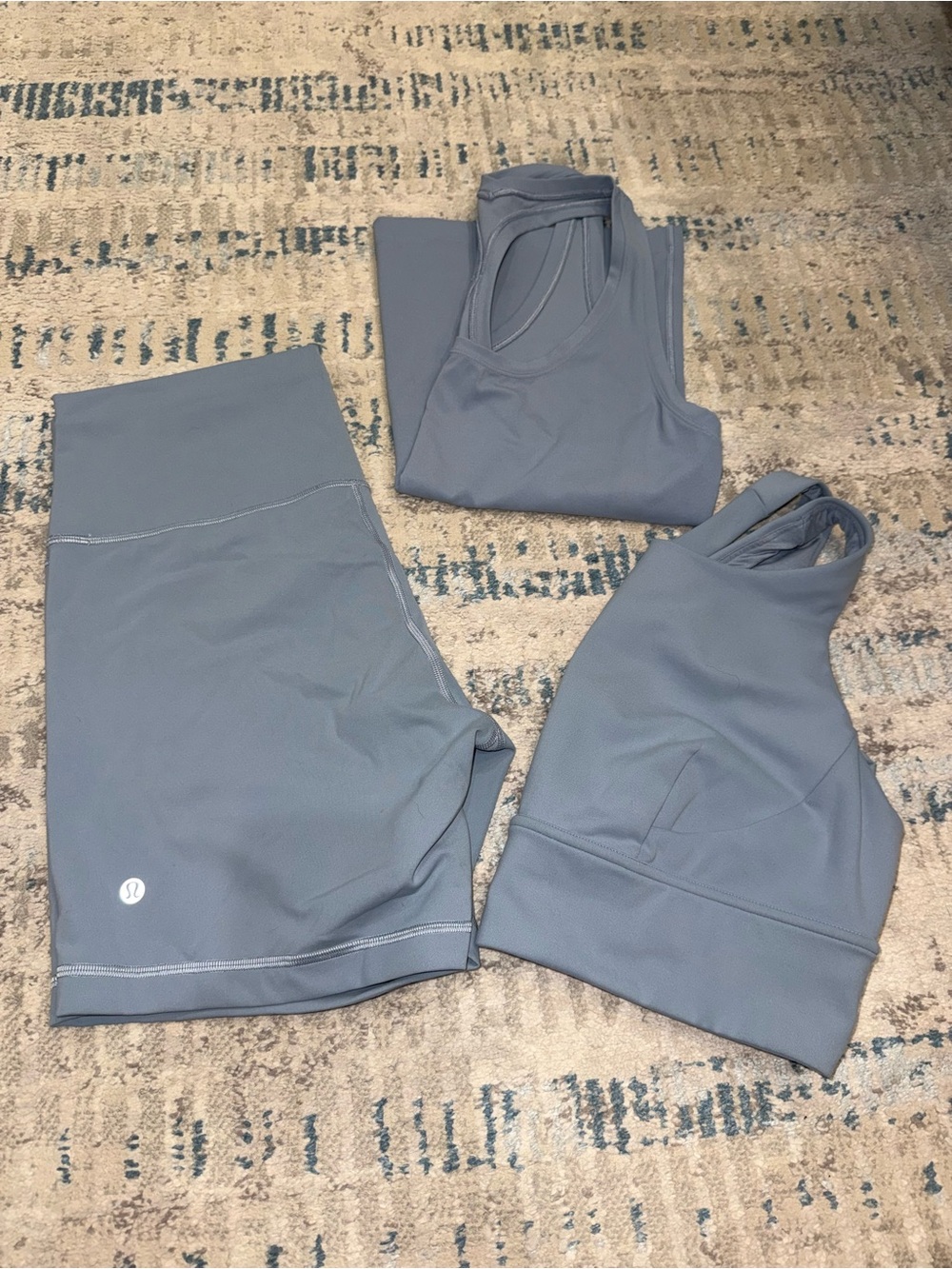 lululemon athletica Chambray Blue Gray Activewear Set - Sports Bra, Tank, Shorts - Picture 1 of 9